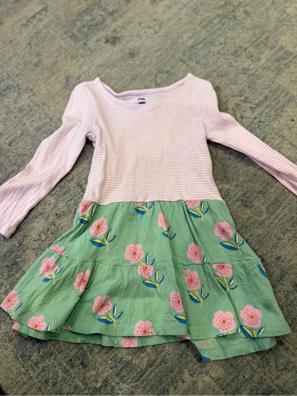 Tea Collection Pink Striped Top with Green Floral Skirt Dress